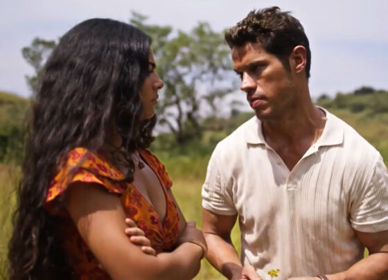 Marcelo (José Loreto) e Quinota (Larissa Bocchino) em No Rancho Fundo