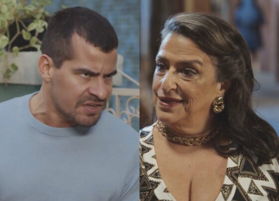 Júpiter (Thiago Martins) e Leda (Grace Gianoukas) em Família é Tudo