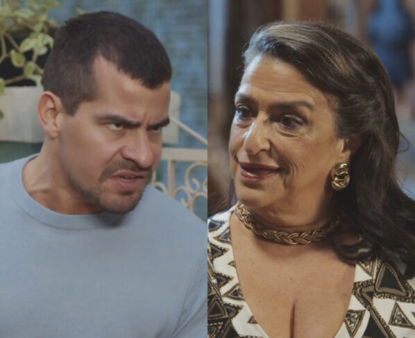 Júpiter (Thiago Martins) e Leda (Grace Gianoukas) em Família é Tudo