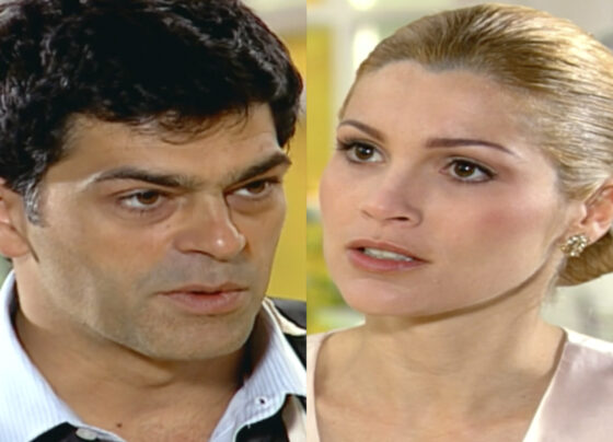 Cristina (Flávia Alessandra) e Rafael (Eduardo Moscovis) em Alma Gêmea