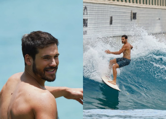 Ator Nicolas Prattes, casado com a apresentadora Sabrina Sato, surfando em piscina de ondas