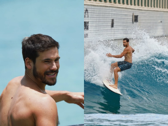 Ator Nicolas Prattes, casado com a apresentadora Sabrina Sato, surfando em piscina de ondas