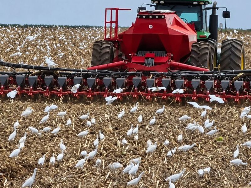 Garças ocupam lavoura de soja e cercam colheitadeira em Sapezal, maior produtor do Brasil, atrás de comida