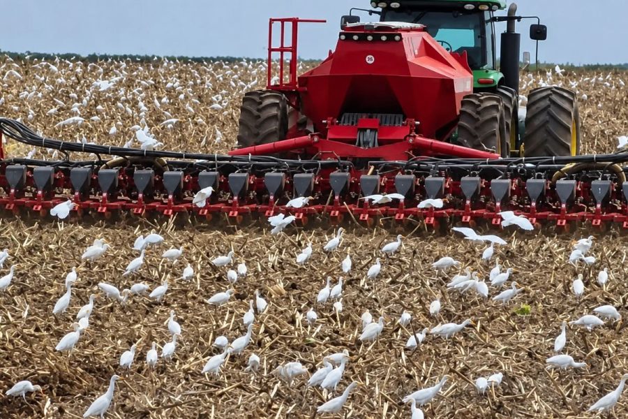 Garças ocupam lavoura de soja e cercam colheitadeira em Sapezal, maior produtor do Brasil, atrás de comida