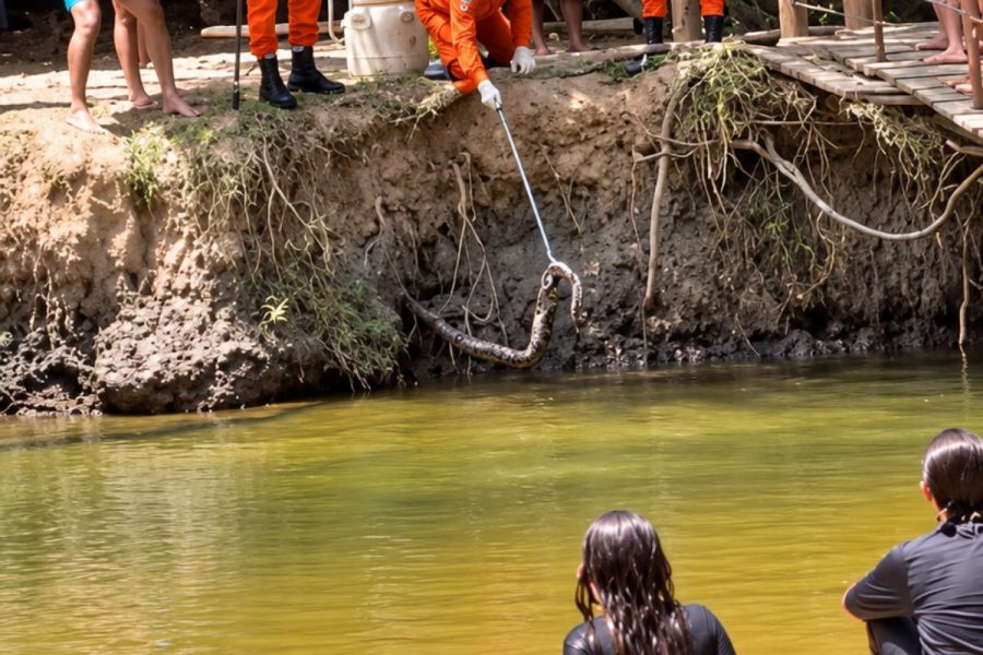 Jararaca se esconde em barranco e é capturada a poucos metros de área frequentada por banhistas em MT