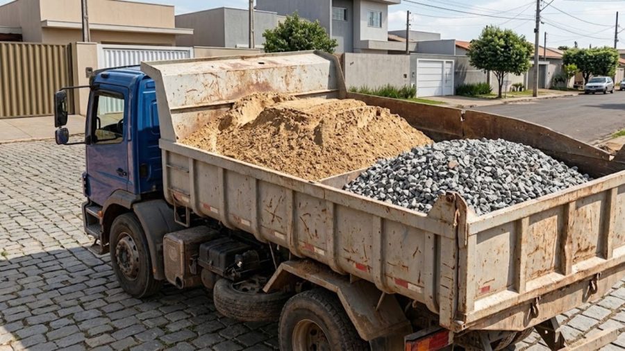 Família compra areia e brita para reformar garagem, mas caminhão descarrega material no terreno vizinho e cobrança pela retirada gera disputa sobre endereço