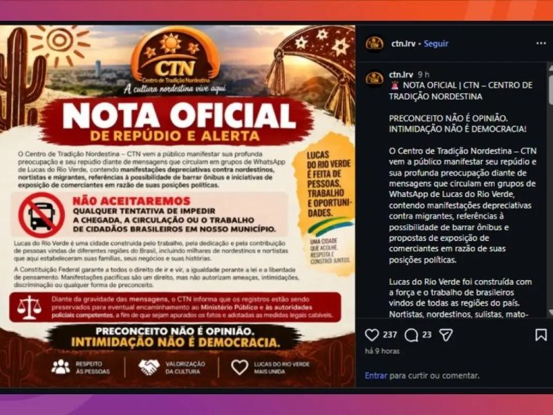 ‘Preconceito não é opinião’: nordestinos repudiam ataques xenofóbicos em Lucas do Rio Verde