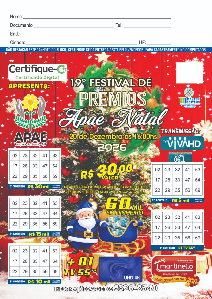 TANGARÁ DA SERRA - Apae sorteia R$ 60 mil e TV de 55 polegadas em Festival de Prêmios