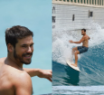 Ator Nicolas Prattes, casado com a apresentadora Sabrina Sato, surfando em piscina de ondas