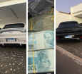 Na imagem, parte dos veículos e maços de dinheiro apreendidos em operação.