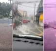 Nas imagens, populares que passavam pelo local a pé tentam se abrigar em lojas que estavam abertas.